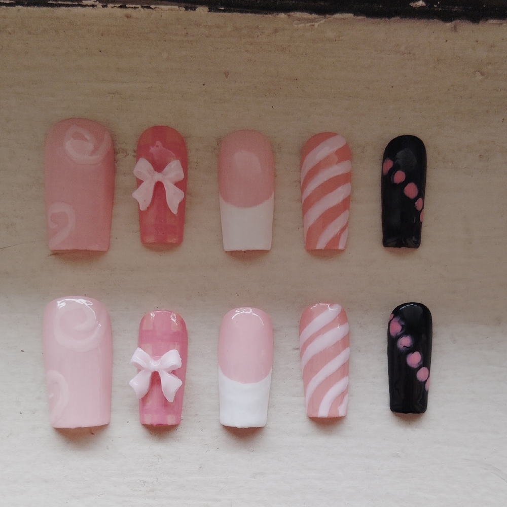 Handmade Pink, White, Black Press Ons